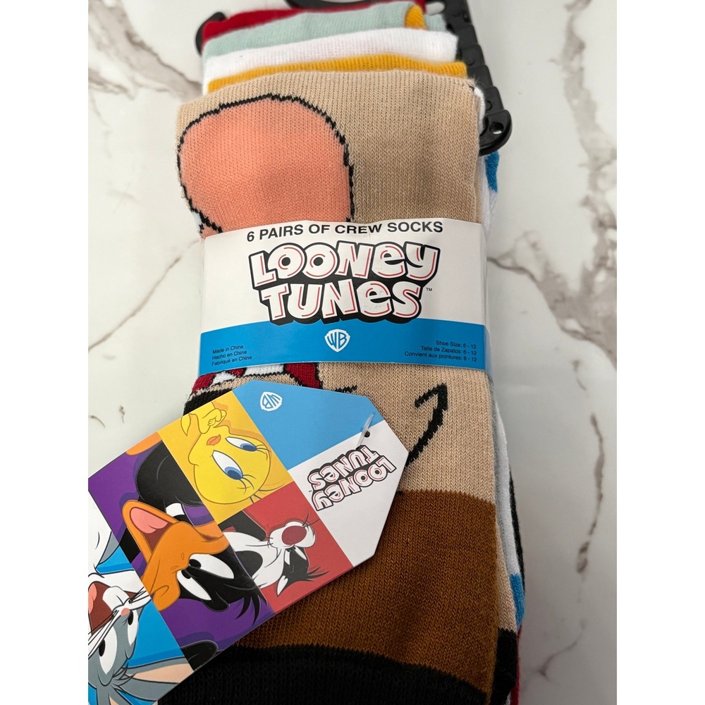 Looney Tunes Mens Crew Socks 6 Pairs Bugs Bunny Daffy Duck‎ Taz Multi Color New
